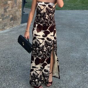 COPY- NICHOLAS Strapless Tropical Print Maxi Dress in Cream and Brown